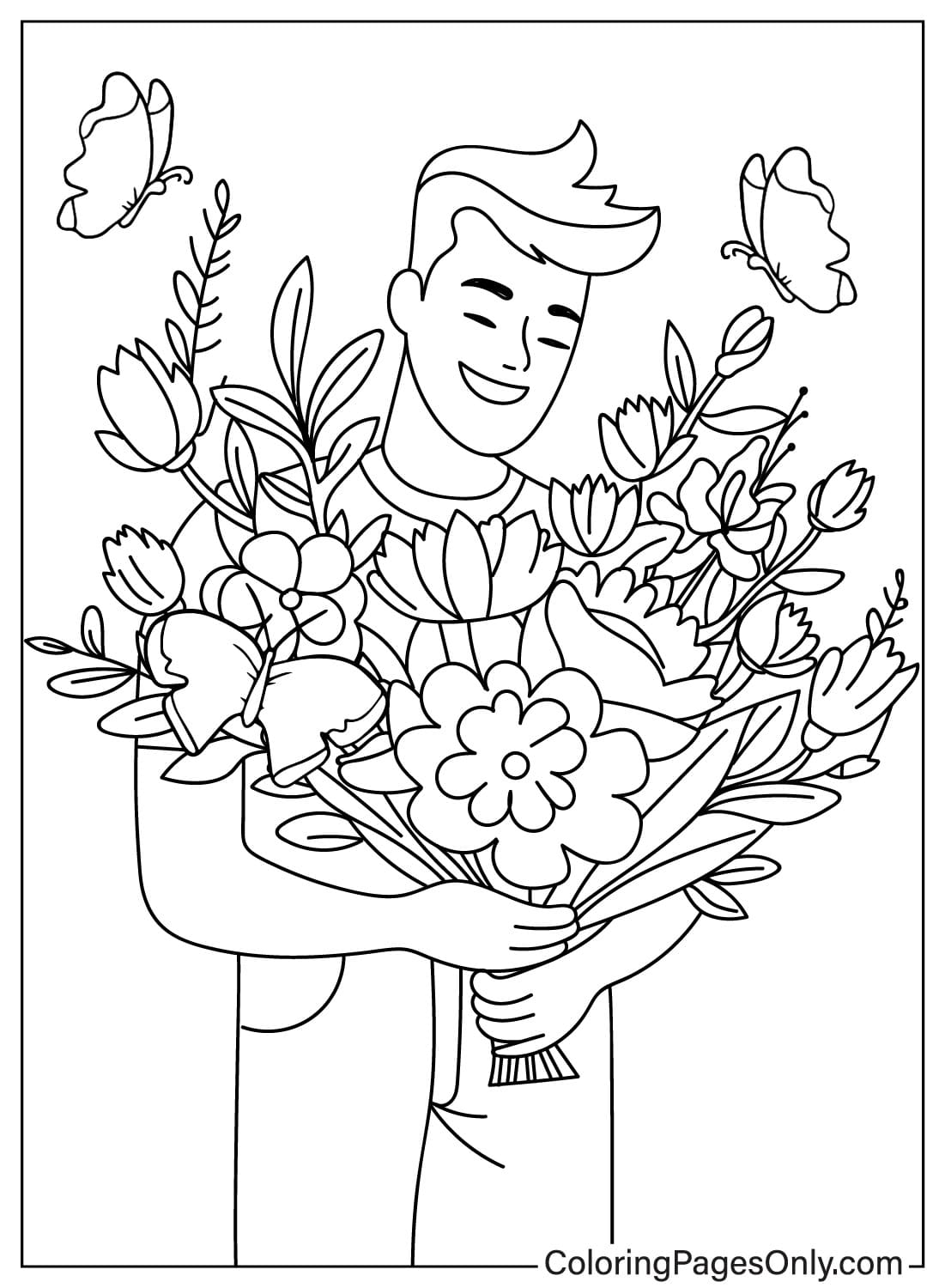 Página para colorir menino com buquê de flores de Flower Bouquet