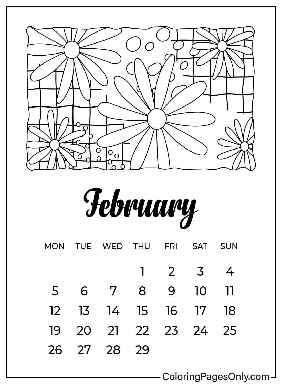 صفحة تلوين تقويم فبراير مجانًا اعتبارًا من فبراير 2024