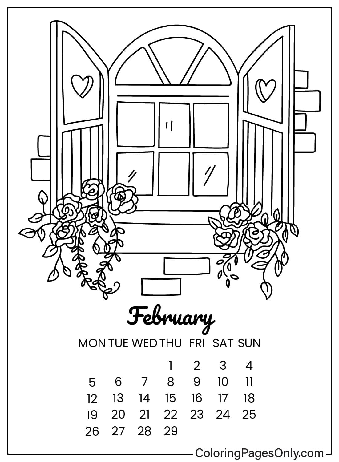 صفحة تلوين تقويم فبراير اعتبارًا من فبراير 2024