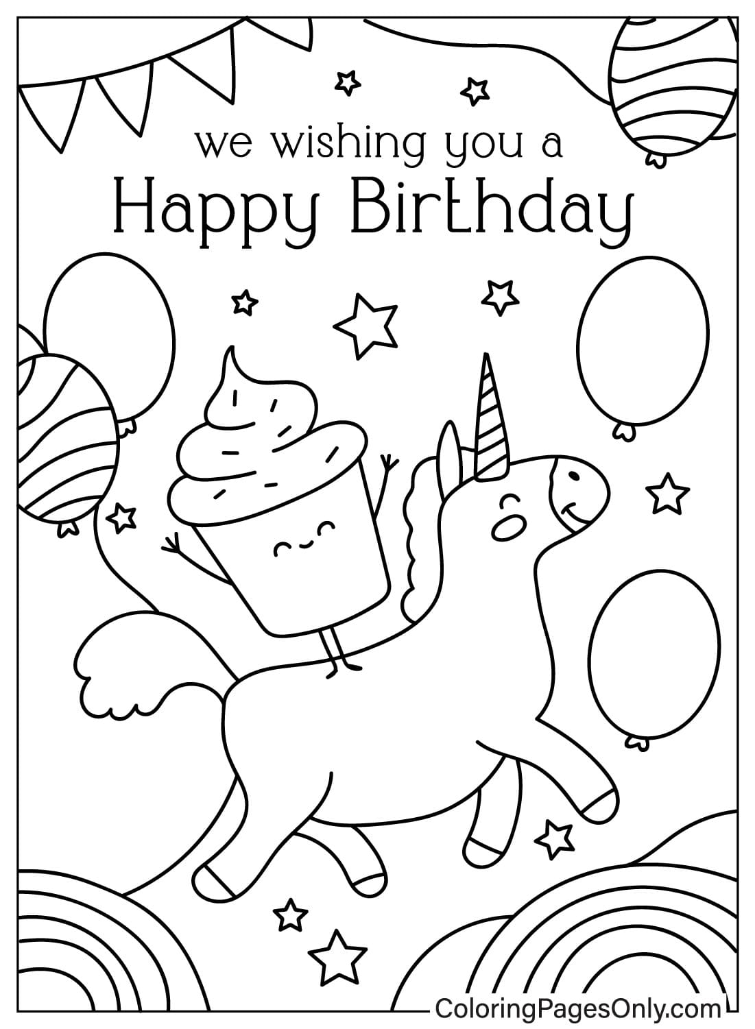 Página para colorir de cartão de feliz aniversário fofo do cartão de feliz aniversário