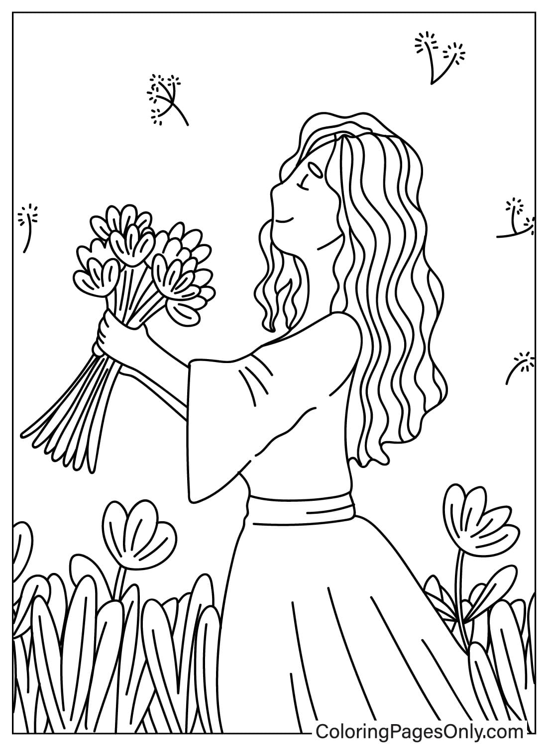 Meisje met bloemboeket Kleurplaat van Bloemboeket
