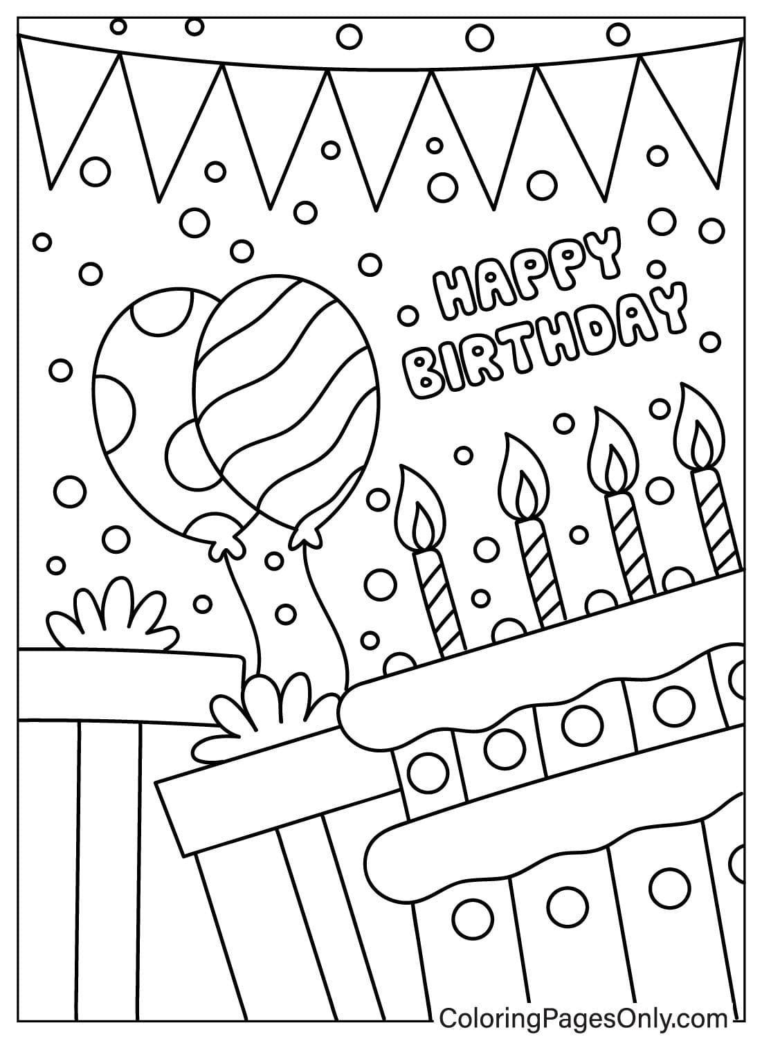 Página colorida do cartão de feliz aniversário do cartão de feliz aniversário