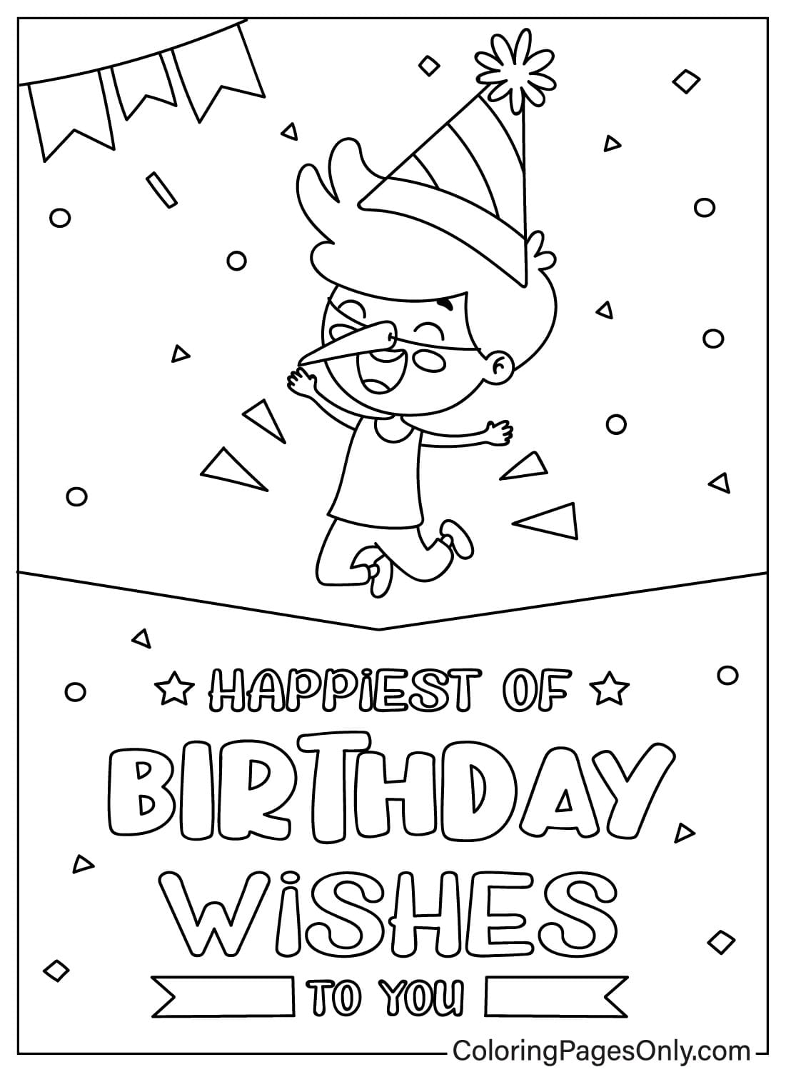 Página para colorir grátis de cartão de feliz aniversário do cartão de feliz aniversário