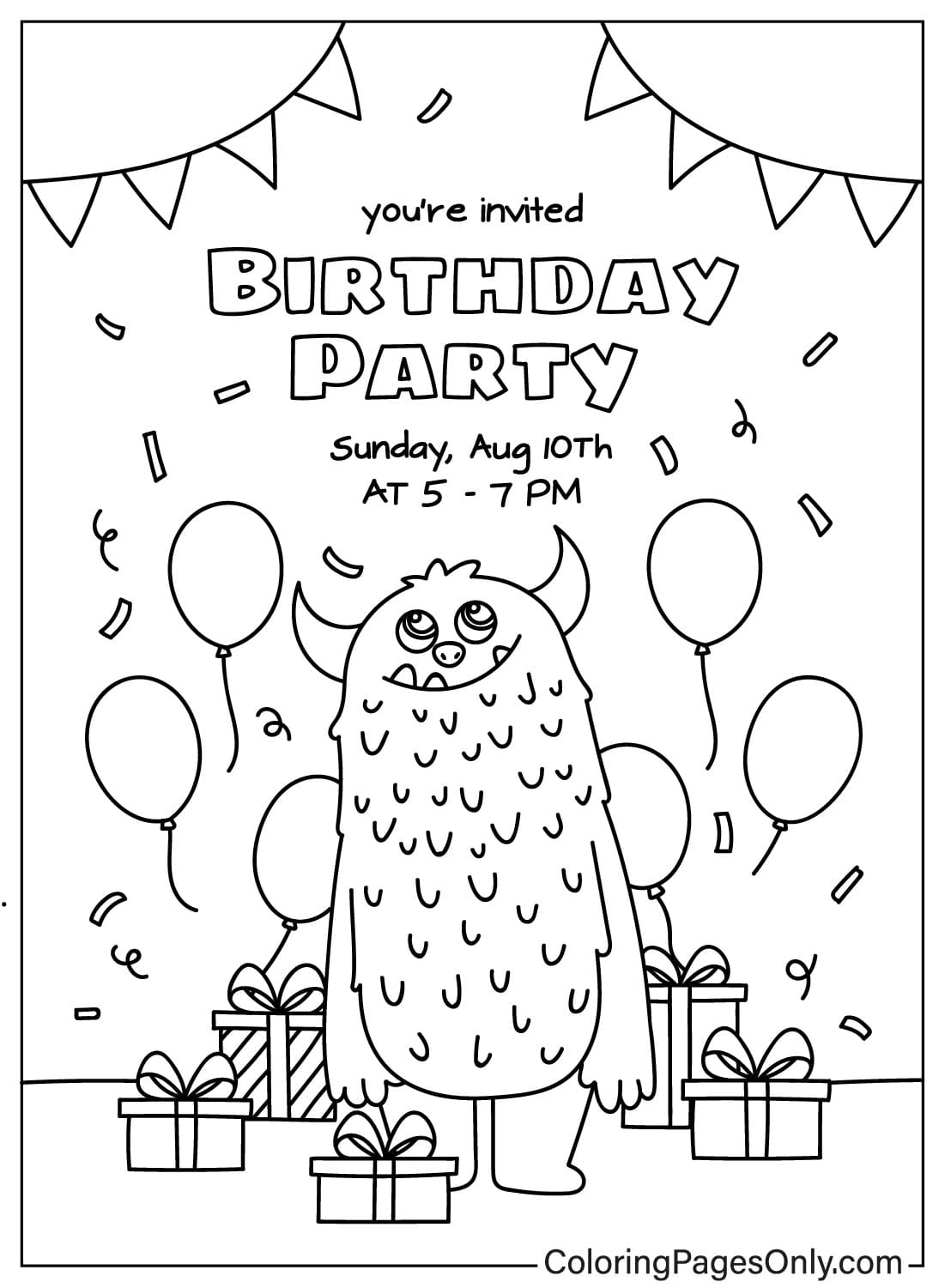 Картинка с поздравительной открыткой на день рождения, которую можно раскрасить из открытки с днем ​​рождения