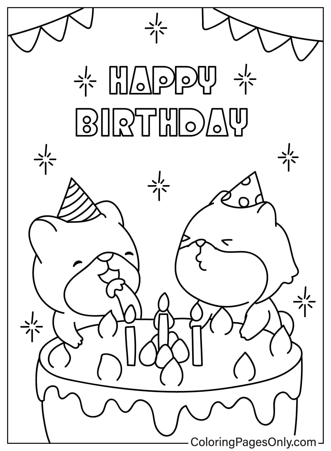 Página para colorir de cartão de desenho animado de feliz aniversário do cartão de feliz aniversário