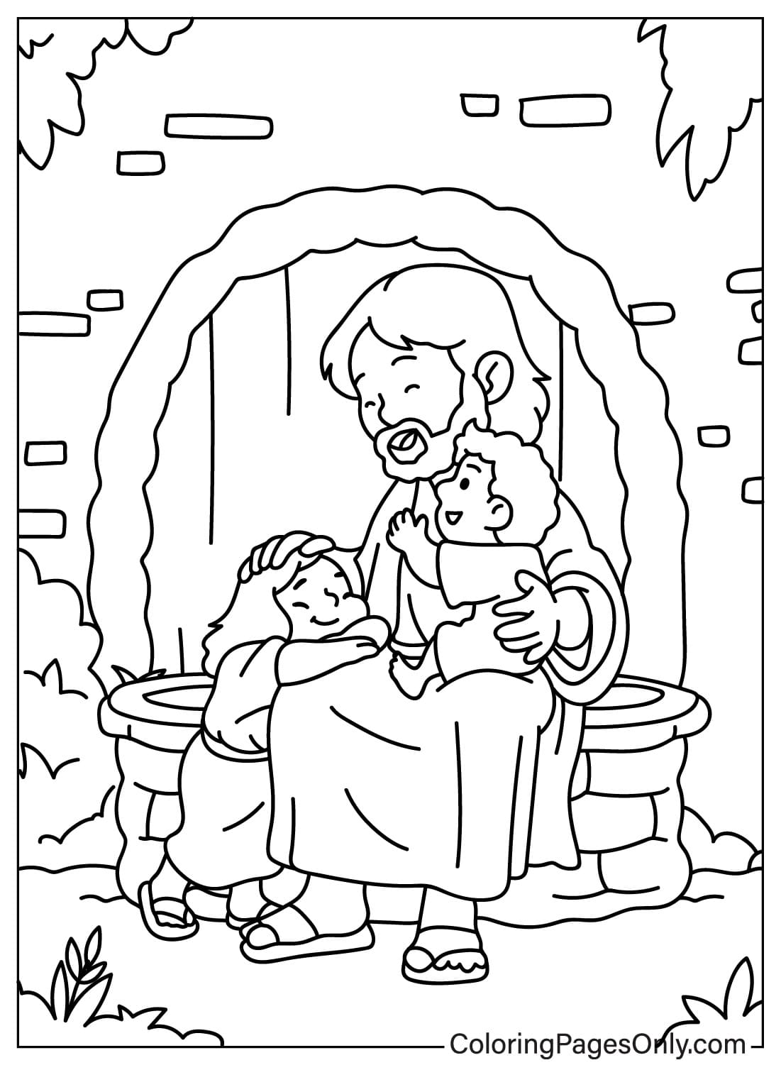 Página para colorear de Jesús y los niños gratis de Bible King