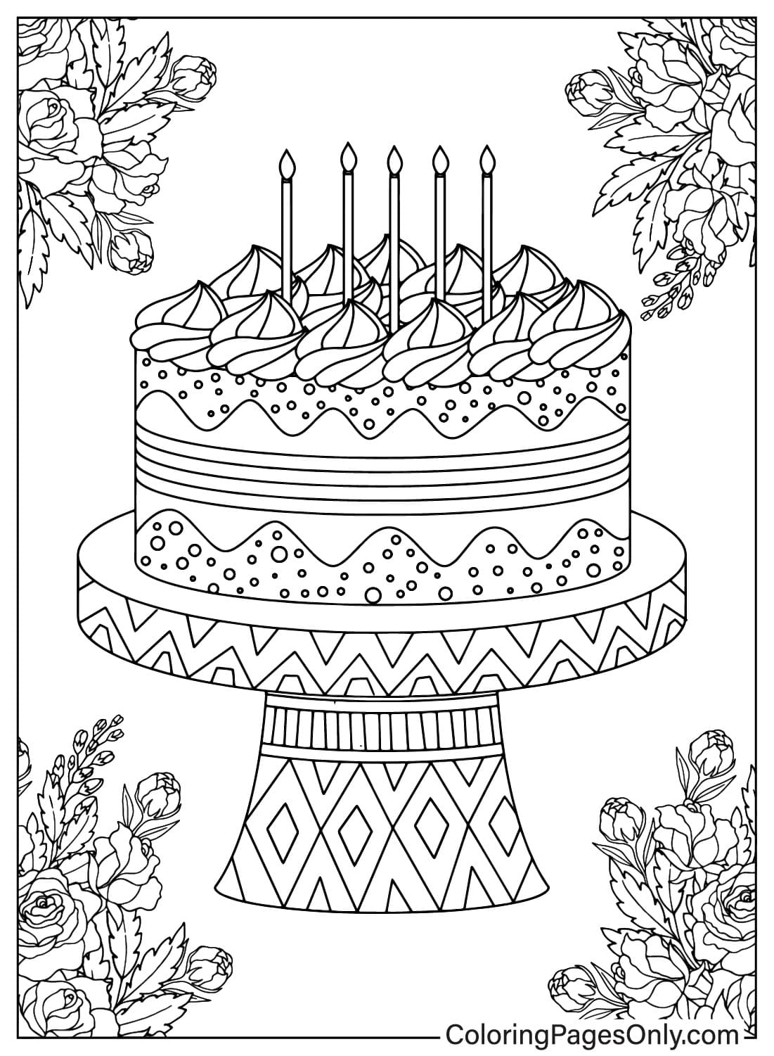 Раскраска именинного торта для печати от Birthday Cake