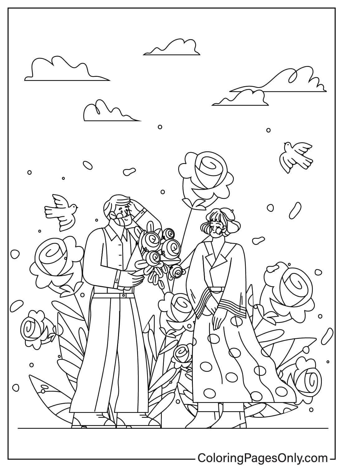 Página para colorir de buquê de flores para impressão em buquê de flores