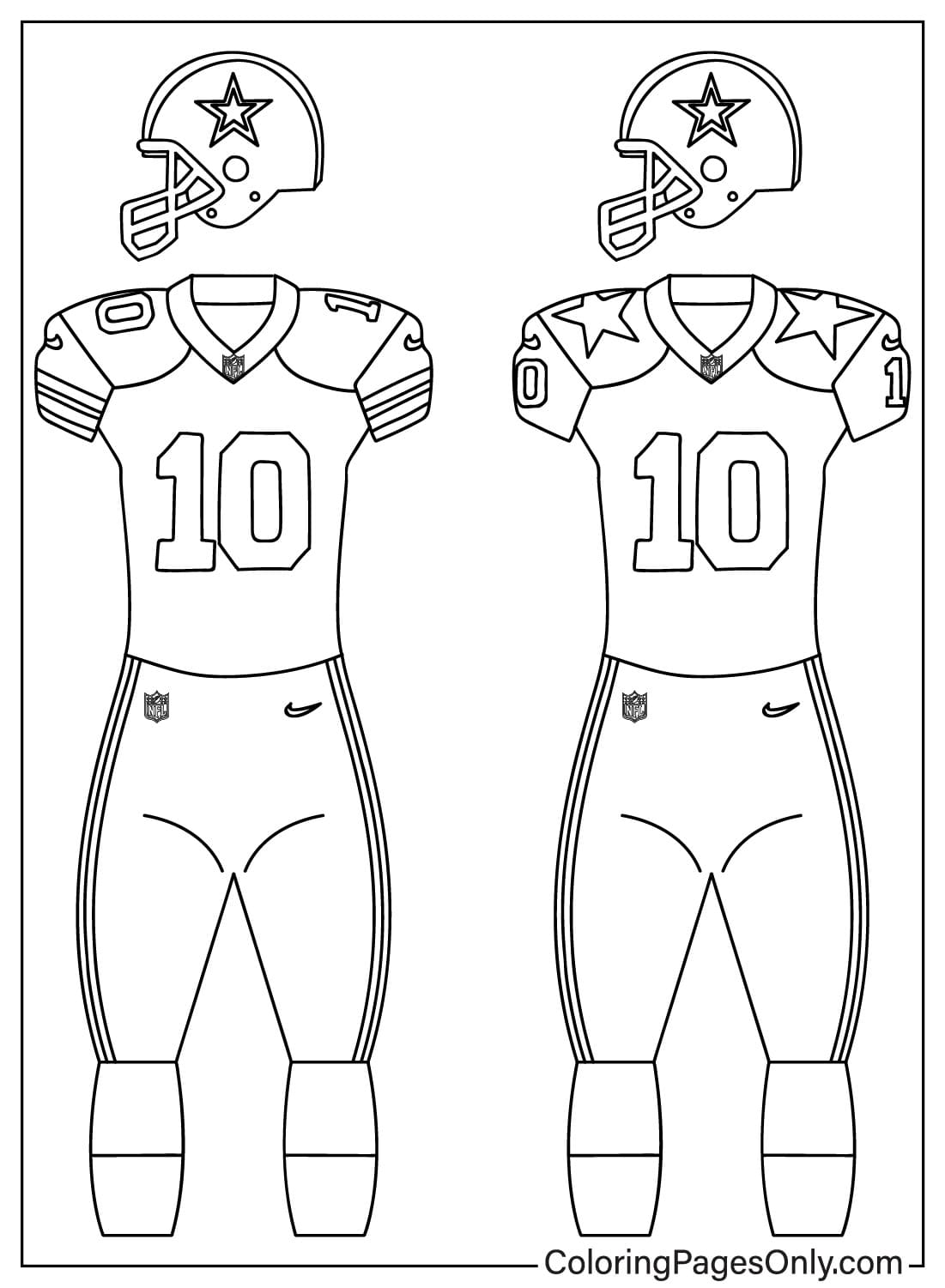 Página para colorir do uniforme do Dallas Cowboys do Dallas Cowboys