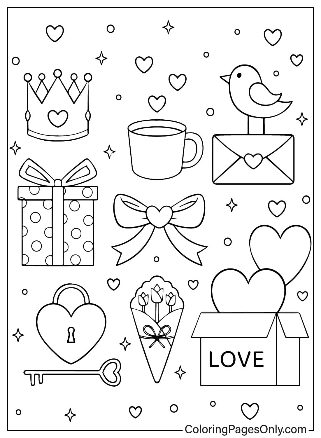 Collezione di elementi della pagina da colorare di San Valentino da San Valentino