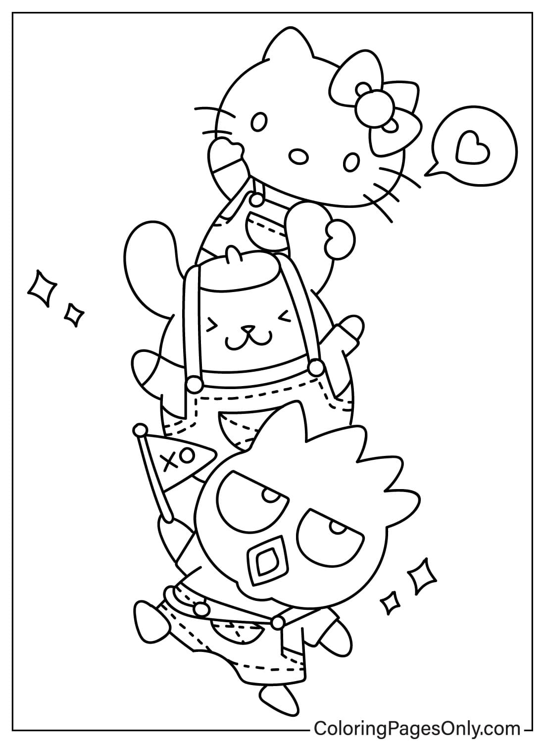 Página para colorear de Badtz-Maru, Pompompurin y Hello Kitty de Pompompurin