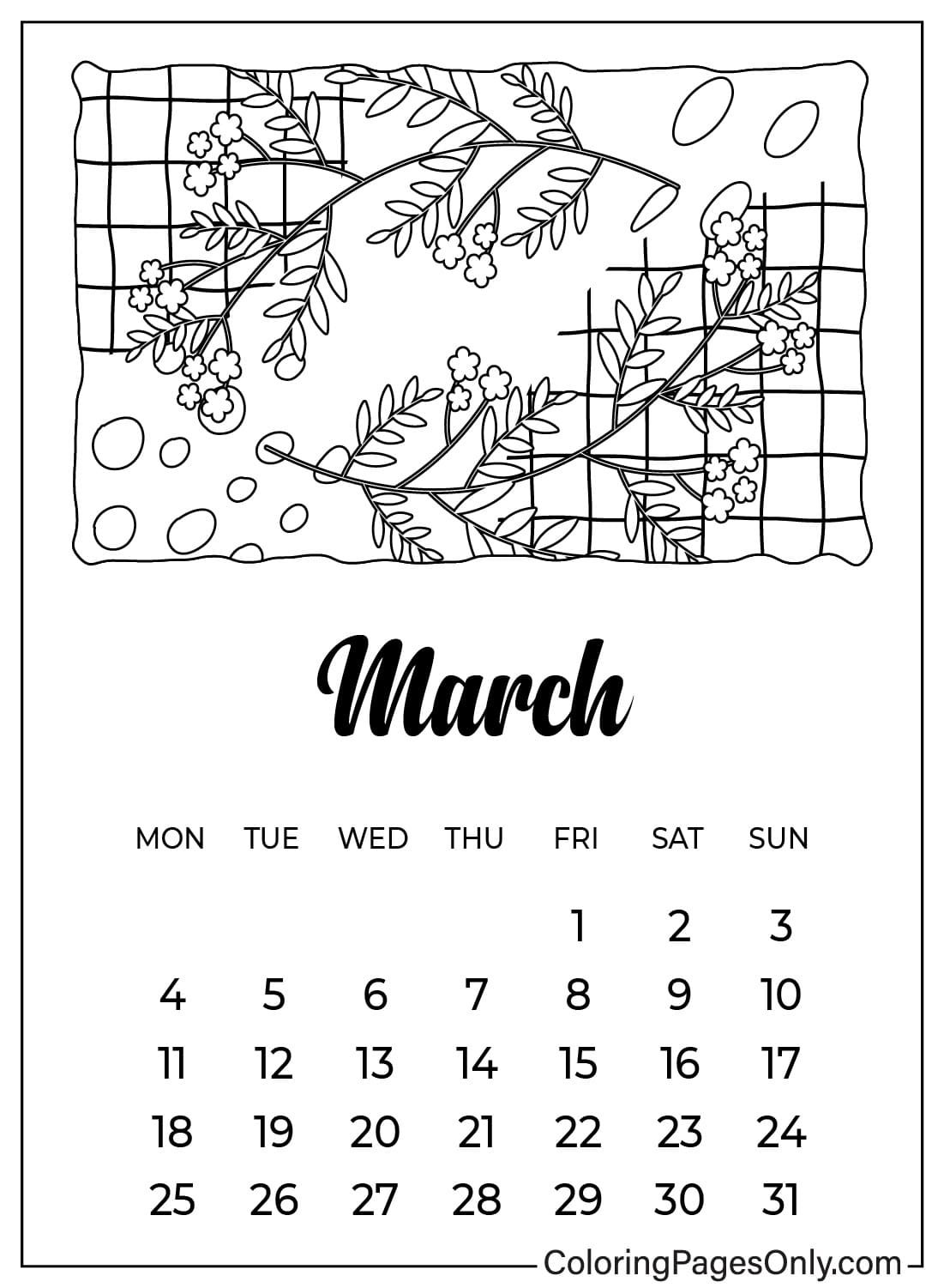 صفحة تلوين التقويم لشهر مارس 2024 من مارس 2024