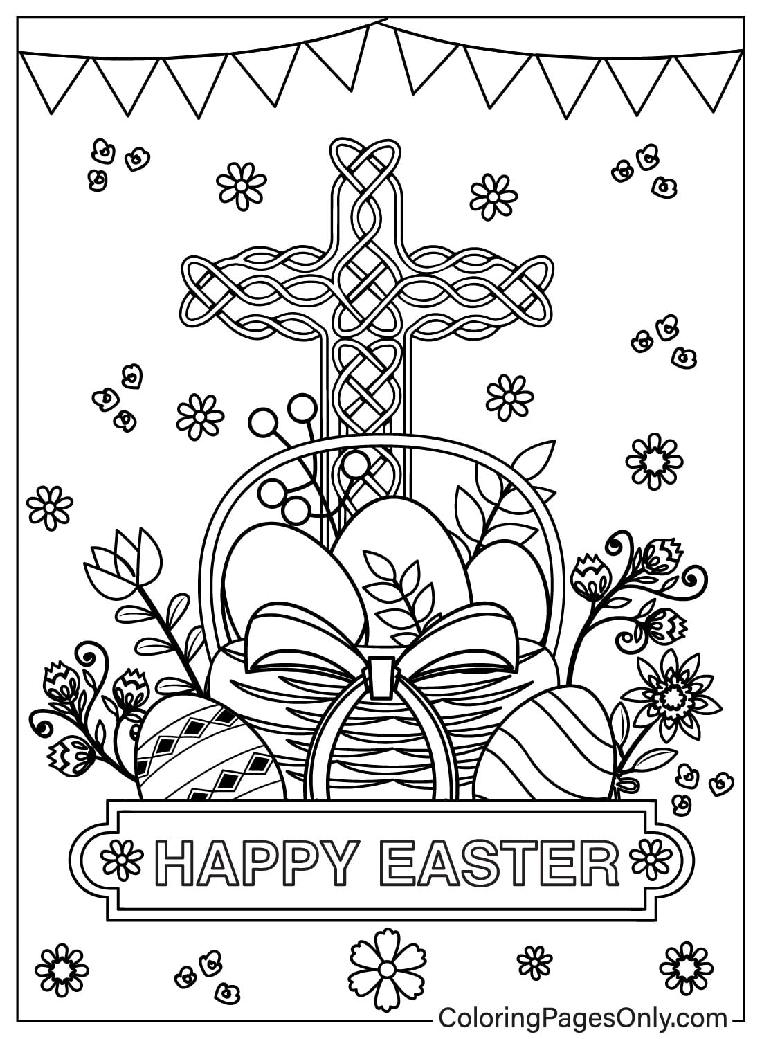 复活节十字架和复活节十字架的篮子着色页