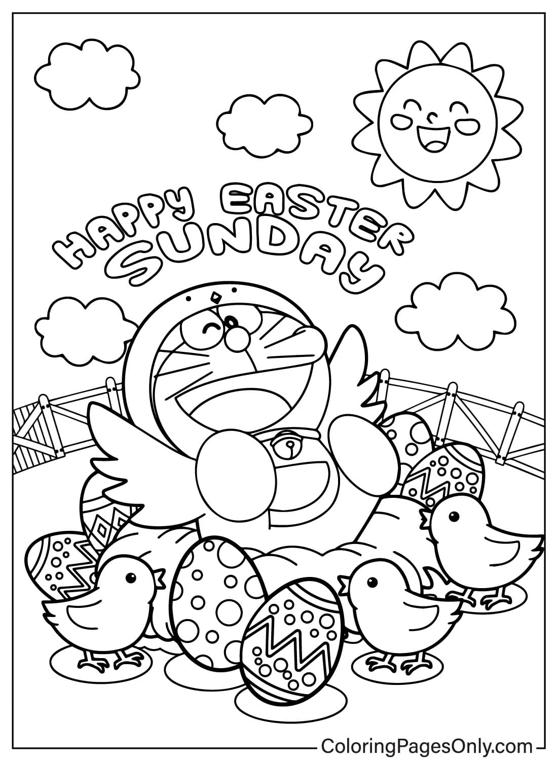Página para colorear de Doraemon de Pascua de dibujos animados de Pascua