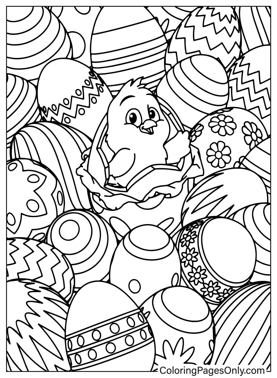 Easter Eggs and Chick Coloring Page