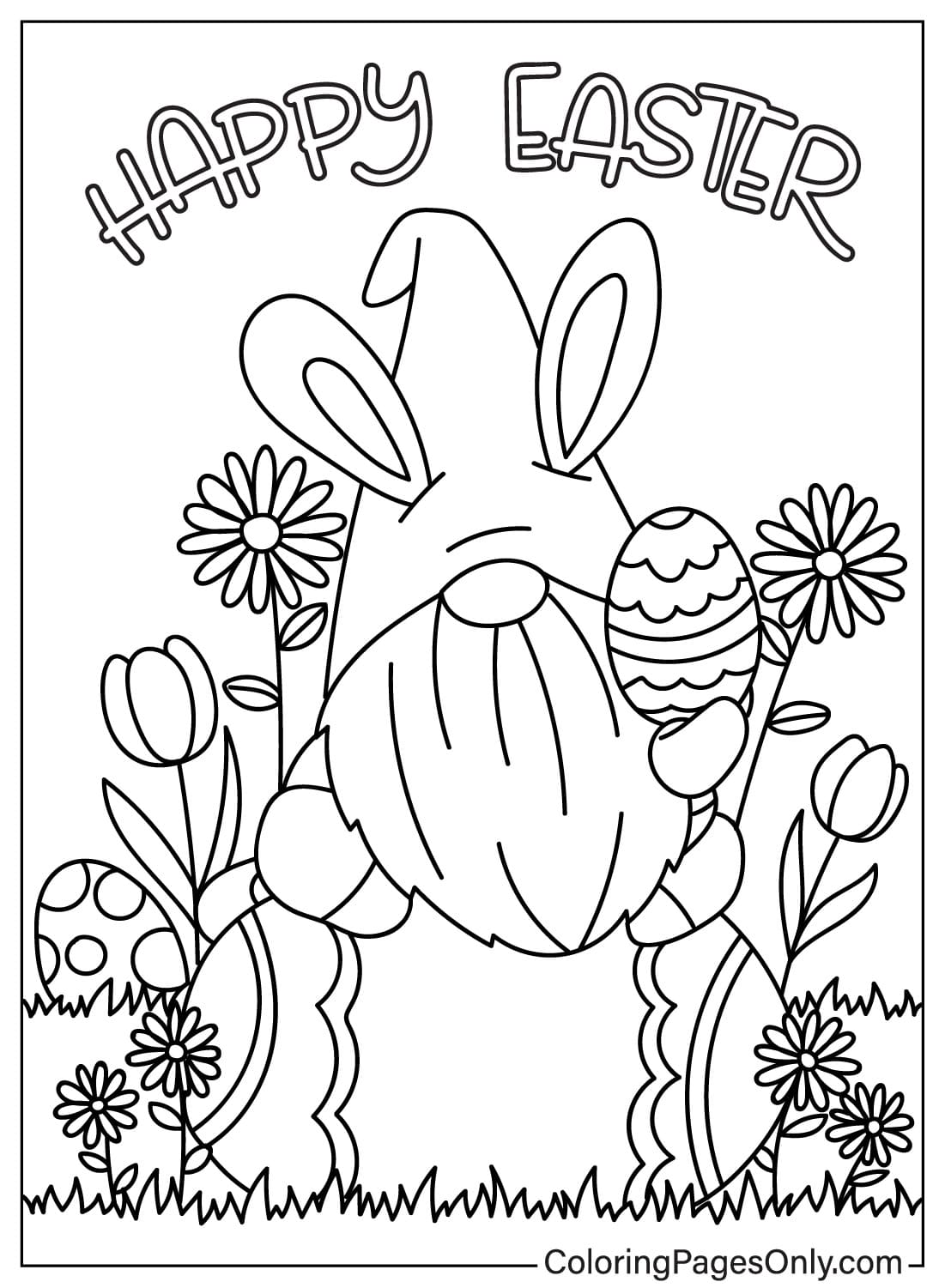 Página para colorear imprimible del Gnomo de Pascua de Gnomo de Pascua
