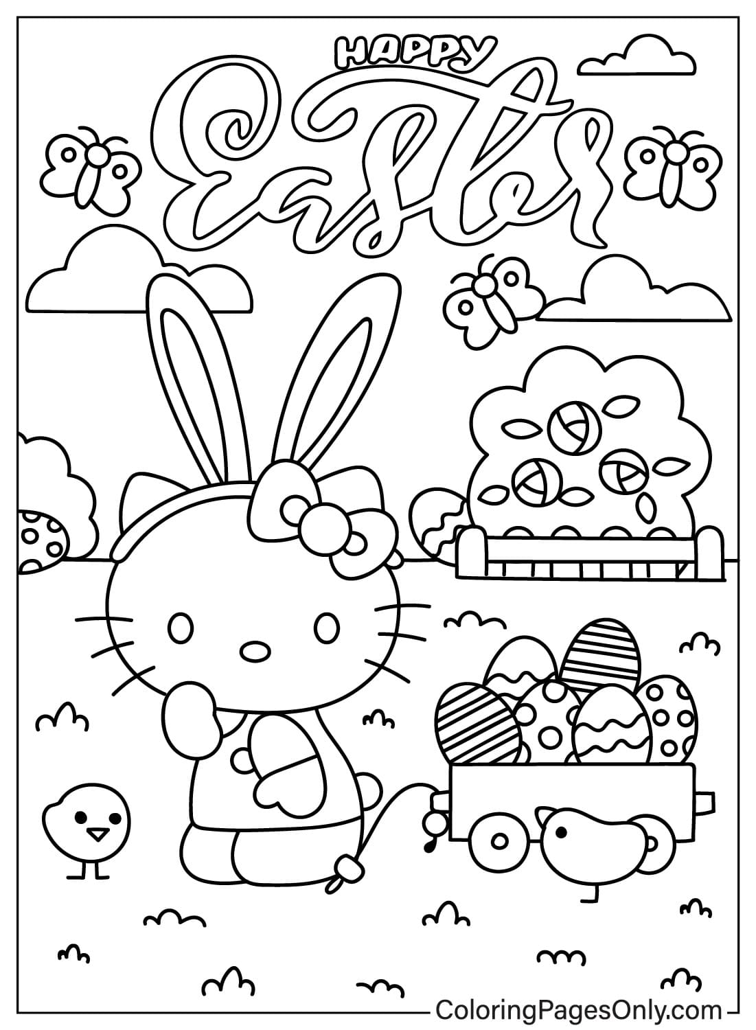 Página para colorear de Hello Kitty de Pascua de dibujos animados de Pascua