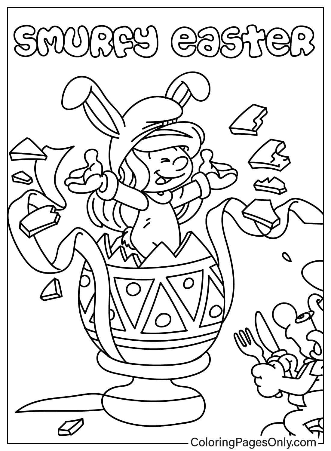 Página para colorir Smurfy de Páscoa do desenho animado de Páscoa