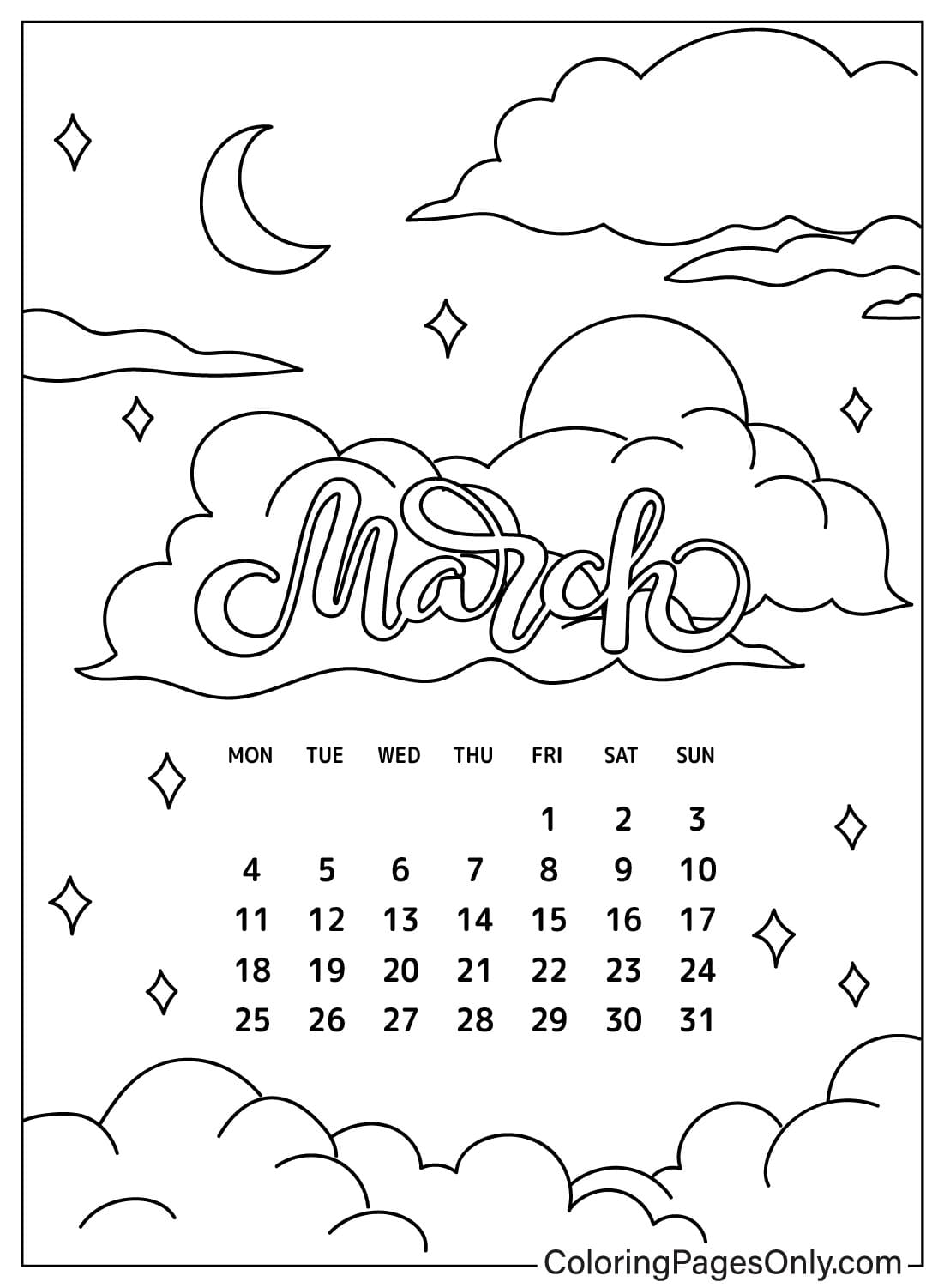 Marzo 2024 Pagina da colorare di marzo 2024
