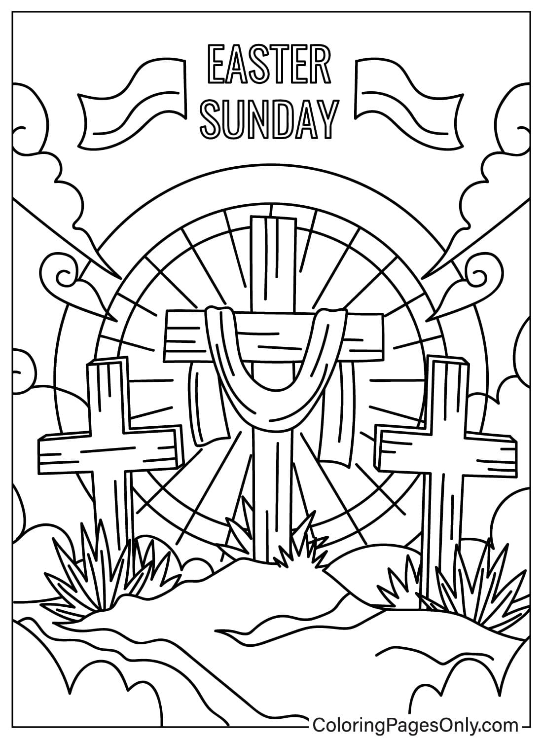 Imprimir página para colorir da cruz de Páscoa de abril de 2024