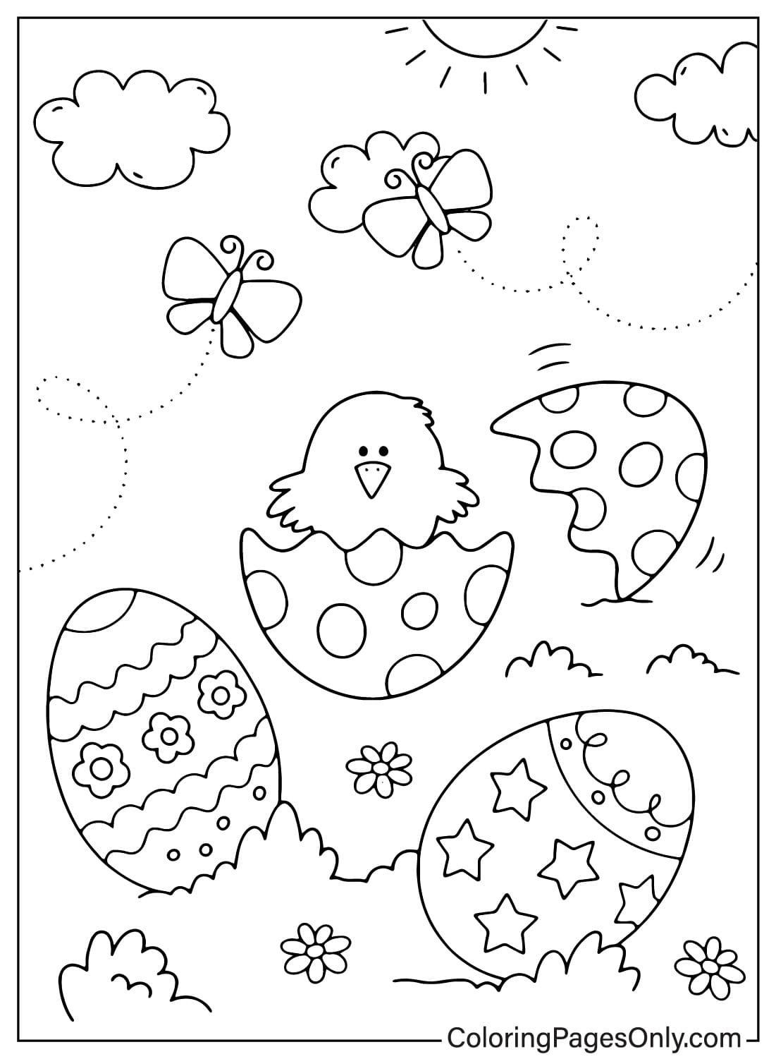 Pagina da colorare stampabile con uova di Pasqua e pulcino