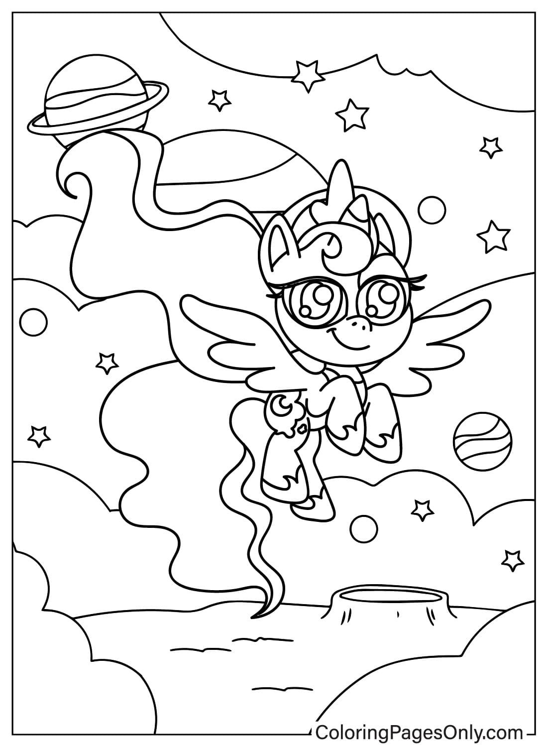 Belle page de coloriage de la princesse Luna avec les ailes déployées de la princesse Luna