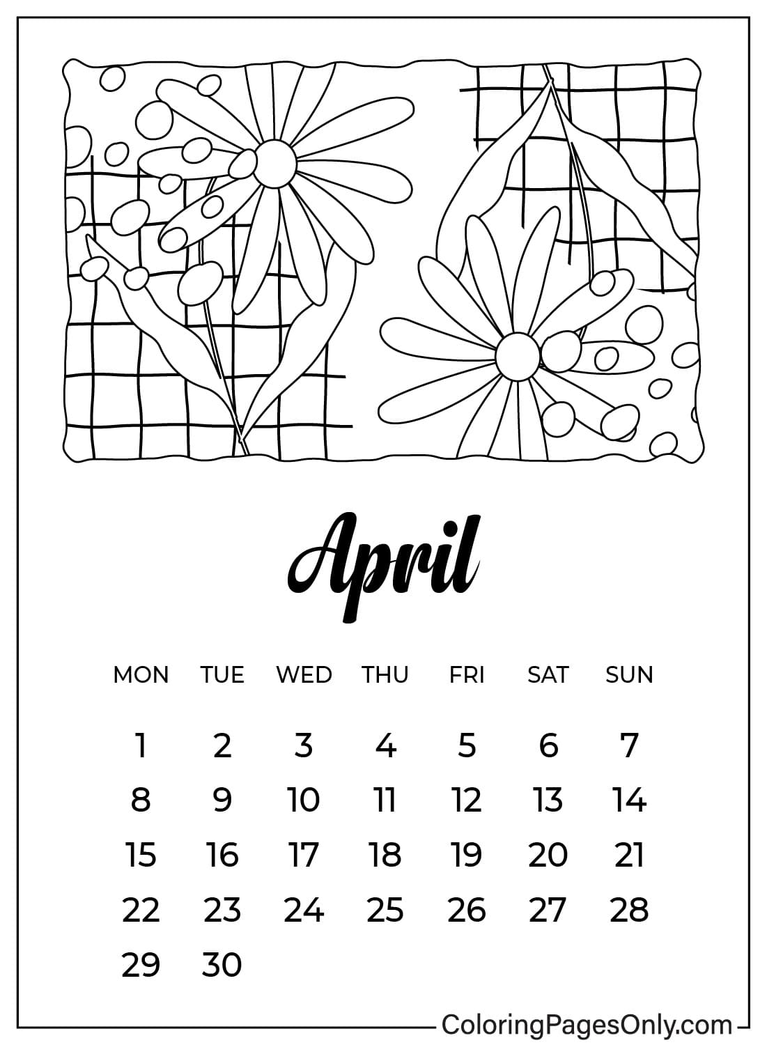 Раскраска Календарь на апрель 2024 г. Бесплатно с апреля 2024 г.