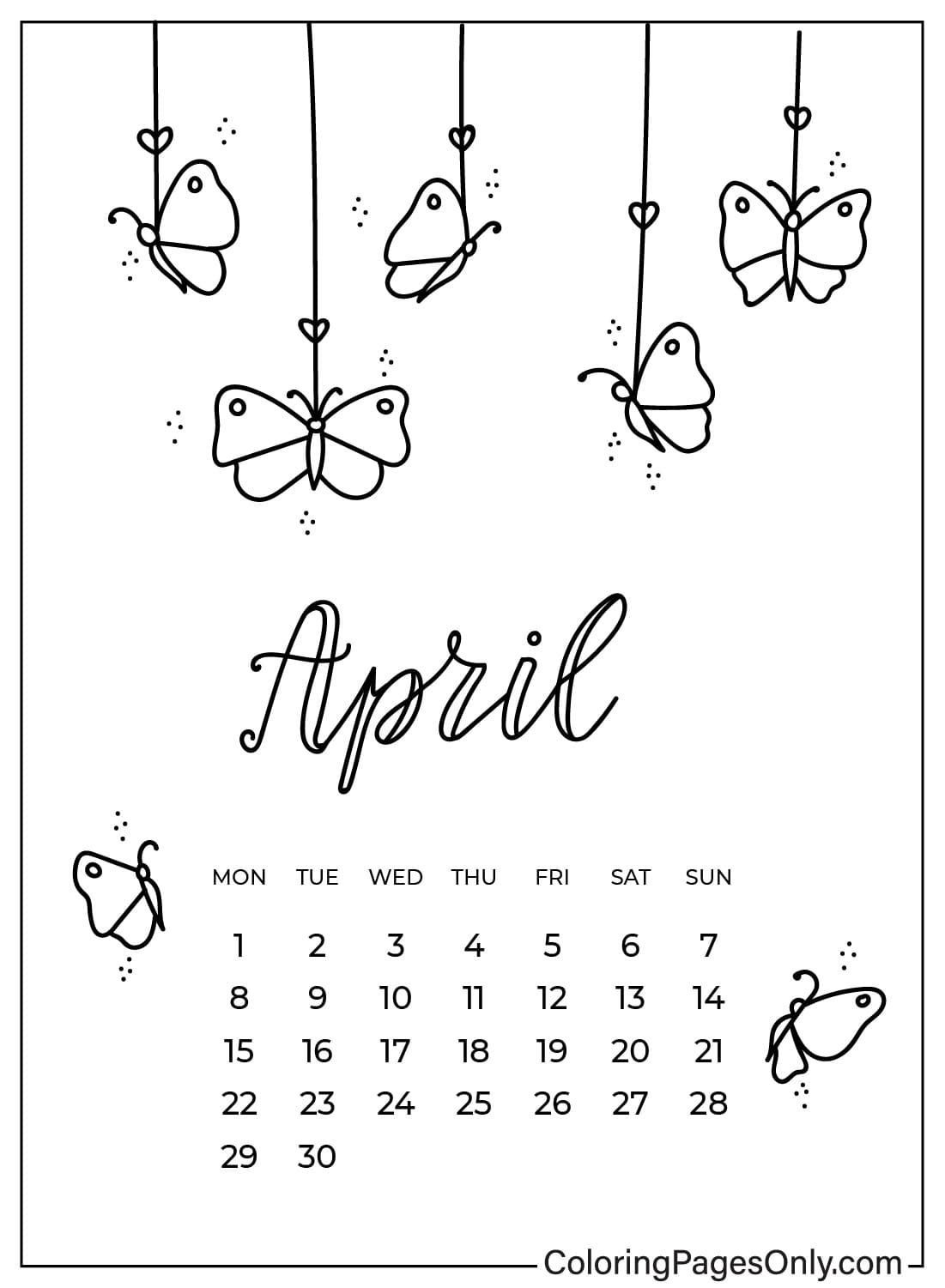 Раскраска Календарь на апрель 2024 года на апрель 2024 года