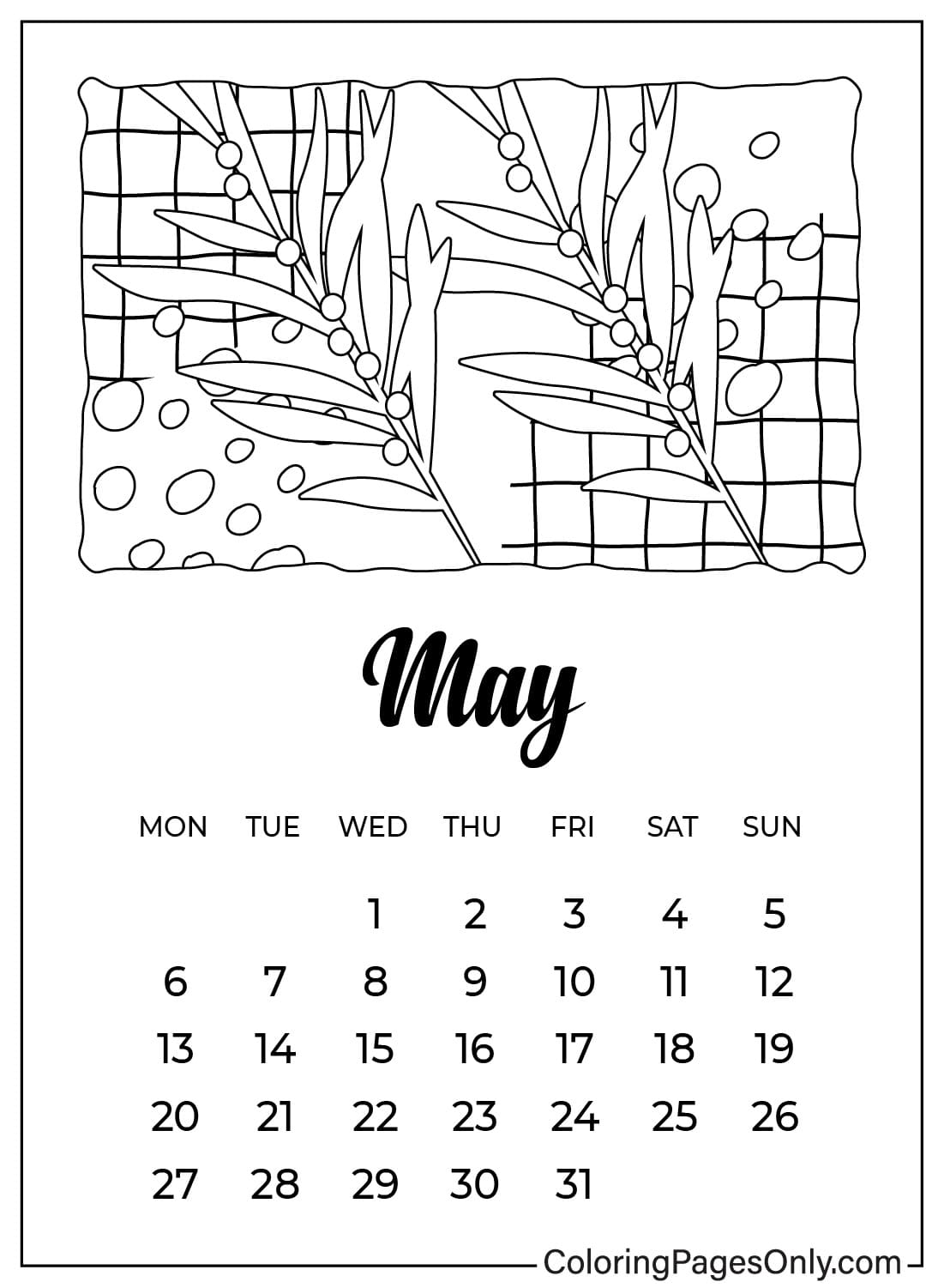 Página para colorir do calendário de maio de maio