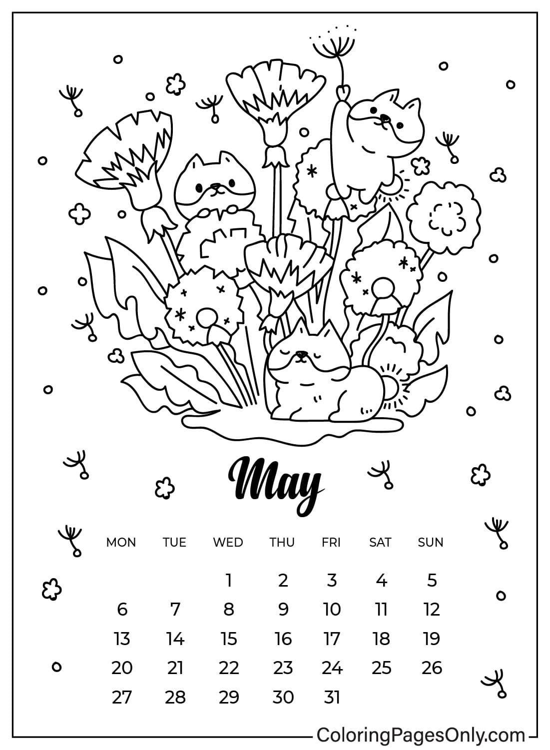 Hoja para colorear del calendario de mayo para niños a partir de mayo