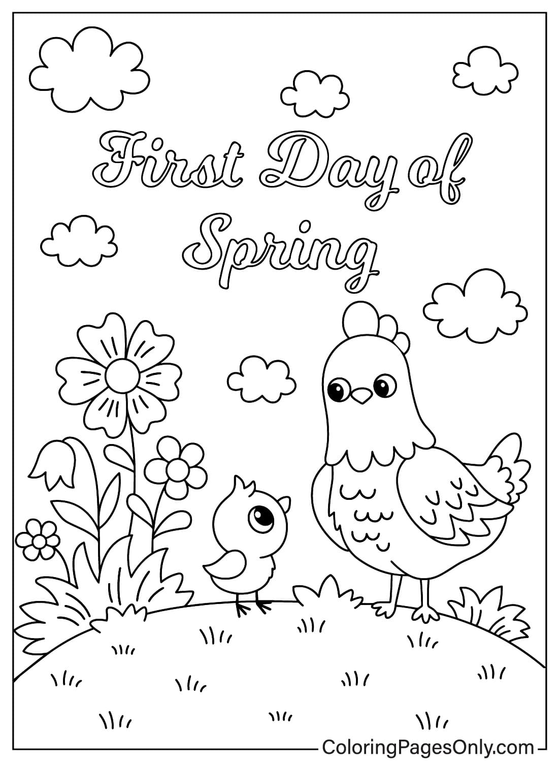 Página para colorear del primer día de primavera del pollo del primer día de primavera