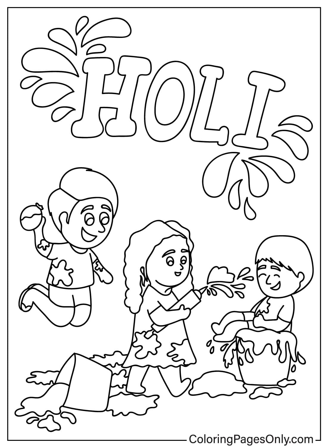 Kinderen spelen met kleuren tijdens Holi Festival Kleurplaat van Holi