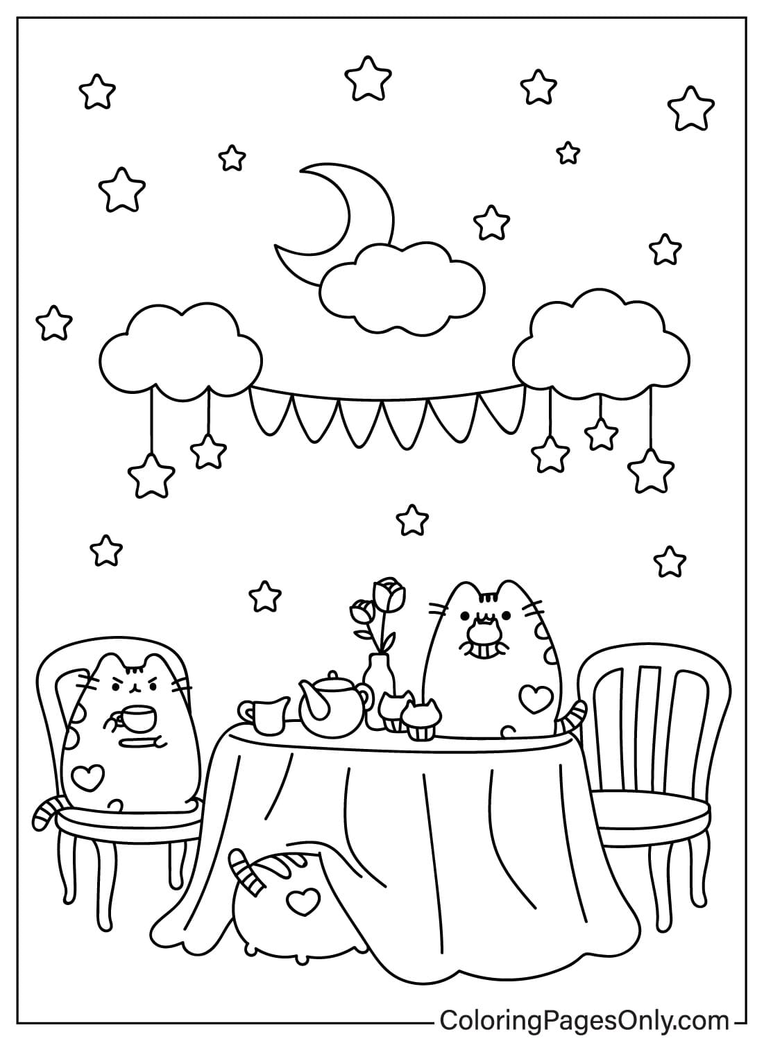 Coloring Page Pusheen Drinks Tea Together from Pusheen
