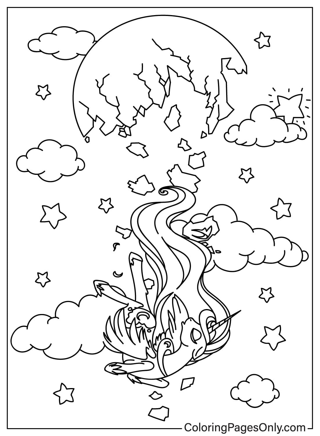 Página para colorear de la Princesa Luna cayendo del cielo de Princesa Luna