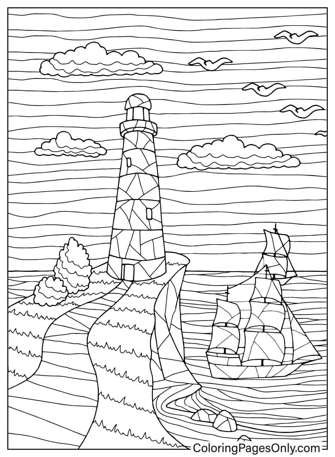 Подробная раскраска маяка с чайками и лодкой от Lighthouse
