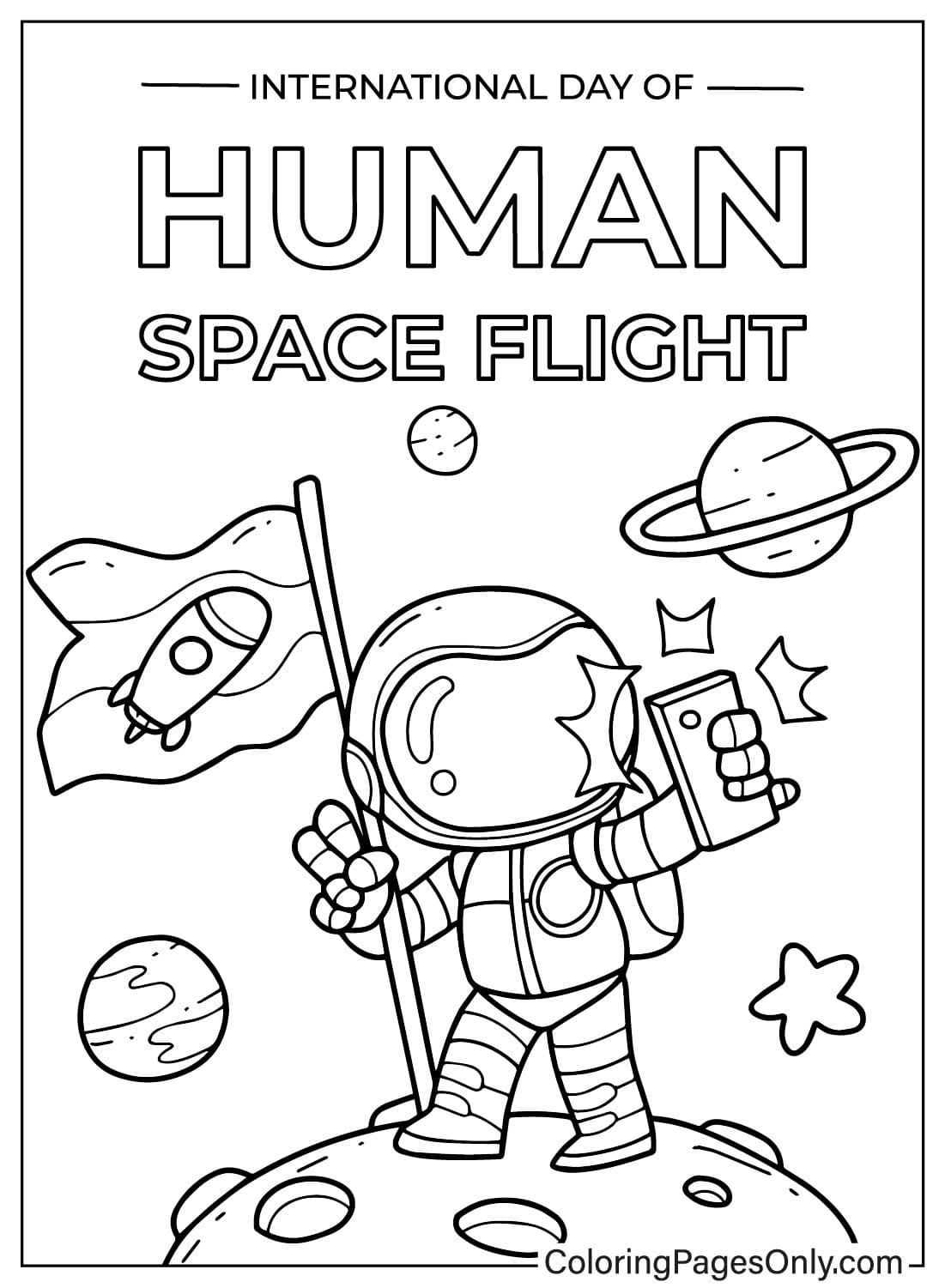 Desenho da página para colorir do Dia Internacional do Voo Espacial Humano do Dia Internacional do Voo Espacial Humano