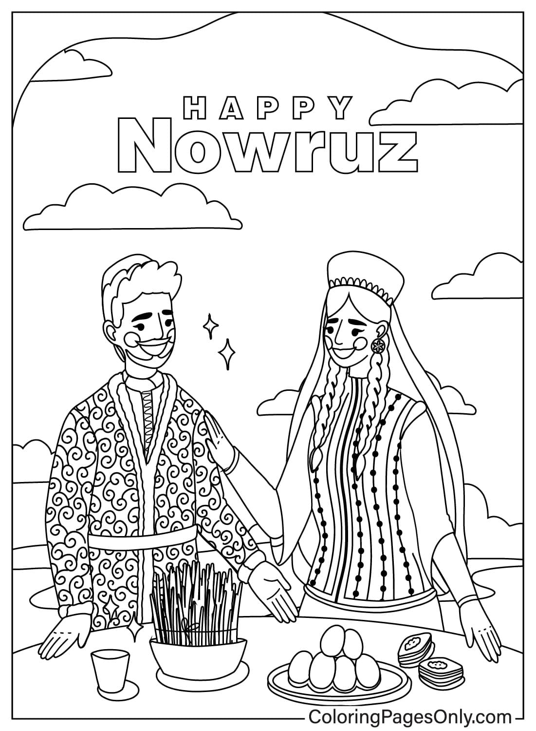 Feuille de coloriage Happy Nowruz dessinée de la Journée internationale de Nowruz