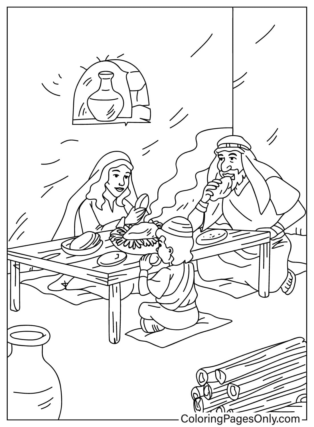 Página para colorir de Páscoa em família comendo Páscoa