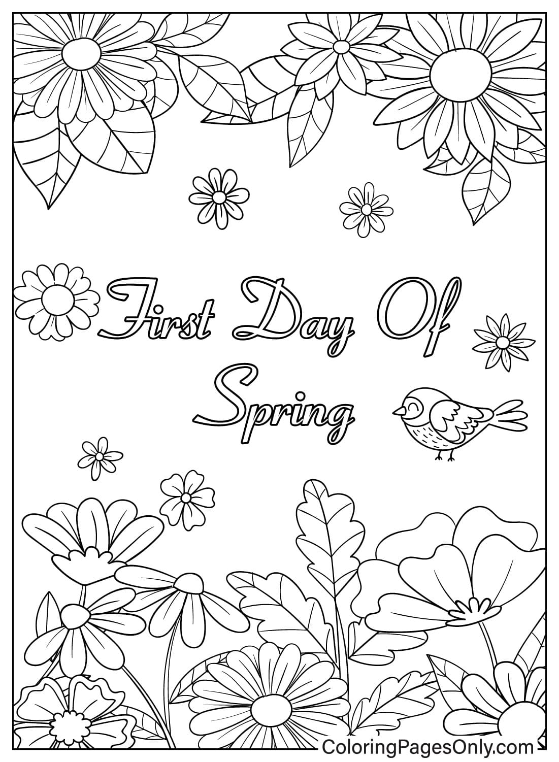 Página para colorir de flores do primeiro dia de primavera do primeiro dia de primavera