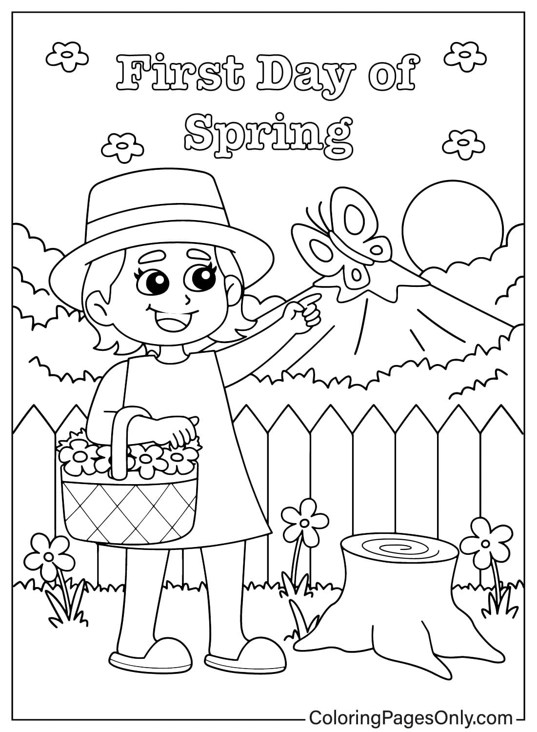 Página para colorir de menina no primeiro dia de primavera do primeiro dia de primavera