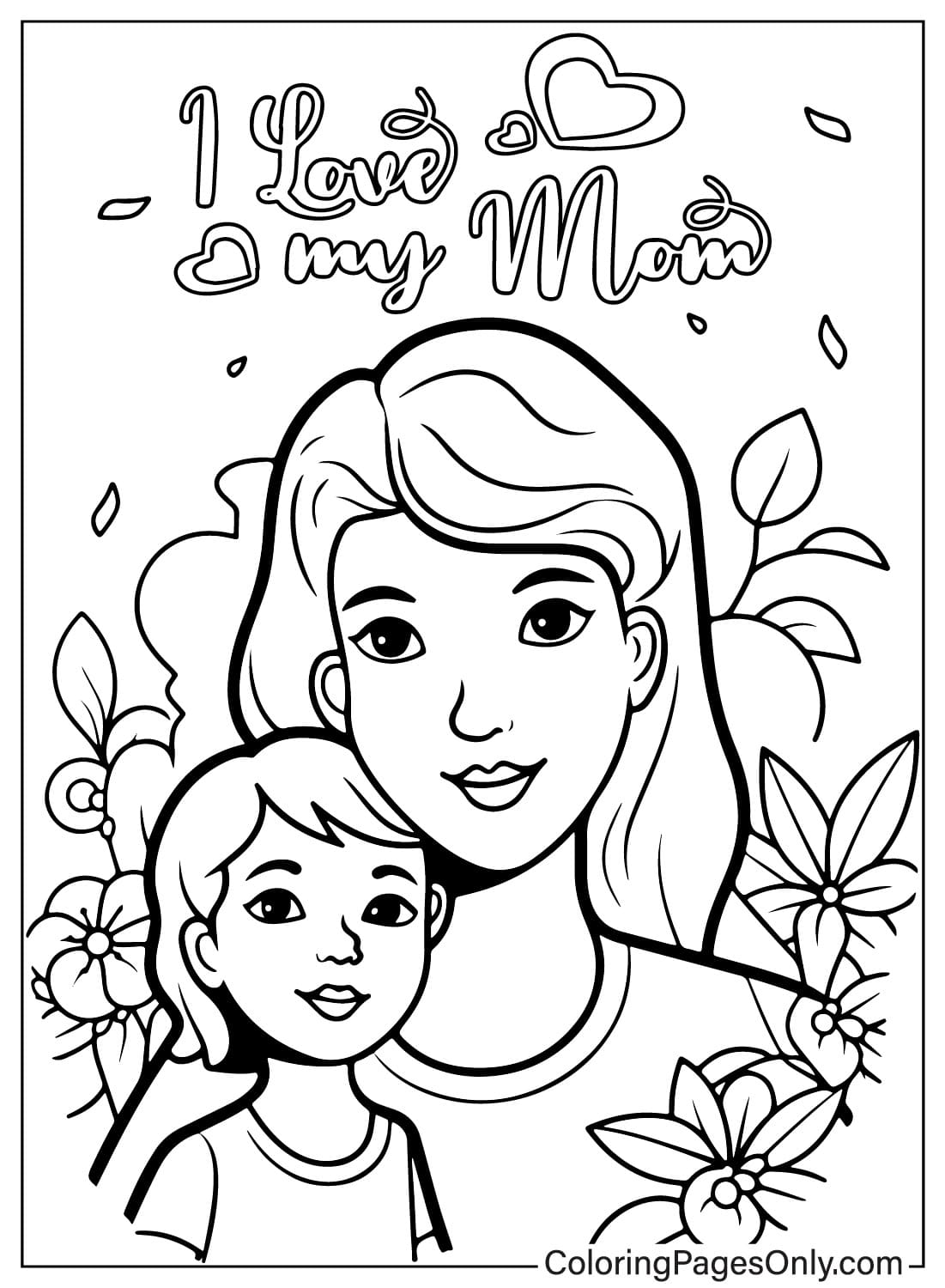 Página para colorir de Girl Love Mom grátis em I Love Mom