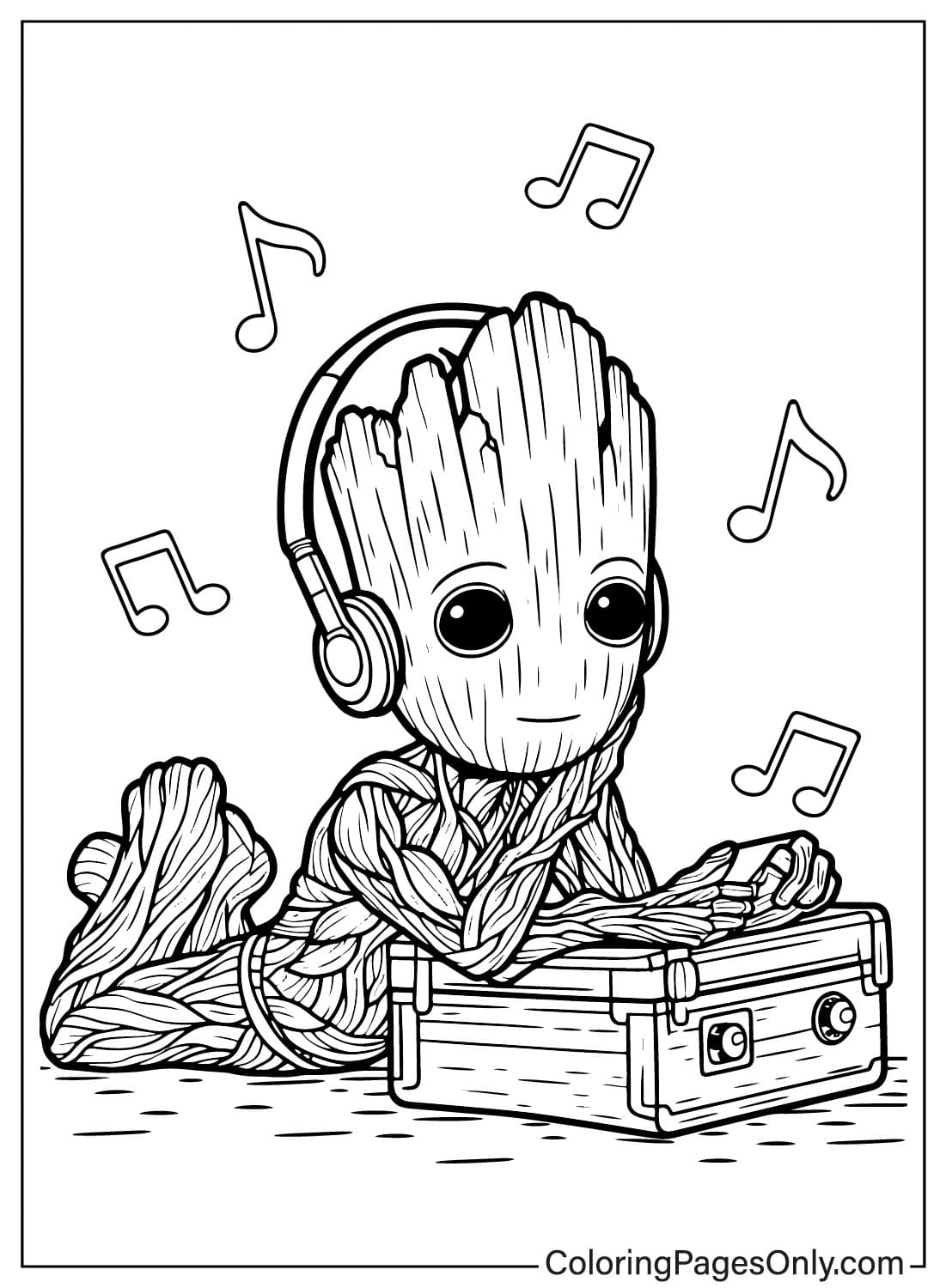 Feuille de coloriage Groot écoutant de la musique de Groot