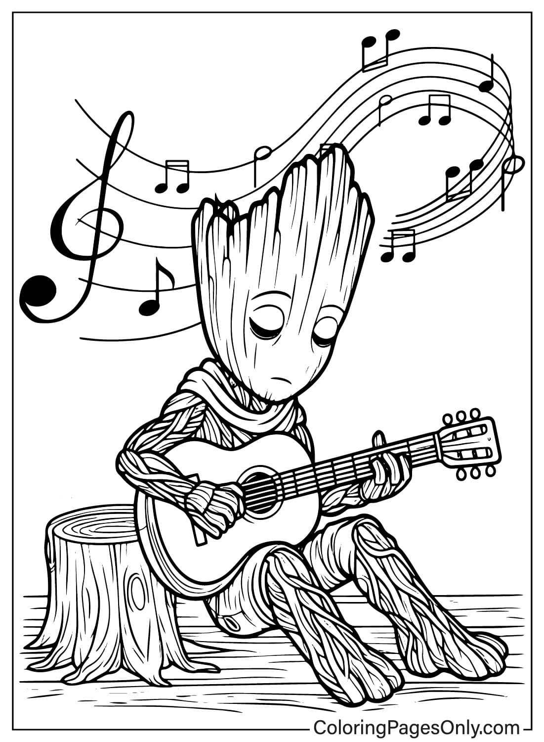 Groot Play the Guitar Coloring Page from Groot