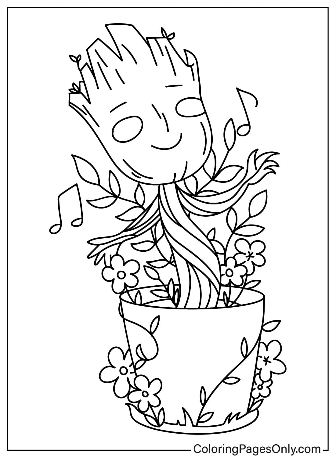 Página para colorir de Groot e flores de Groot