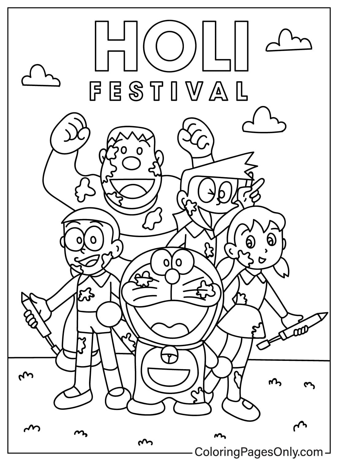 Página para colorear de dibujos animados de Holi de Holi
