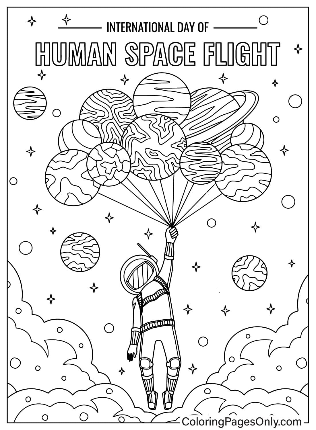Página para colorir do Dia Internacional do Voo Espacial Humano do Dia Internacional do Voo Espacial Humano