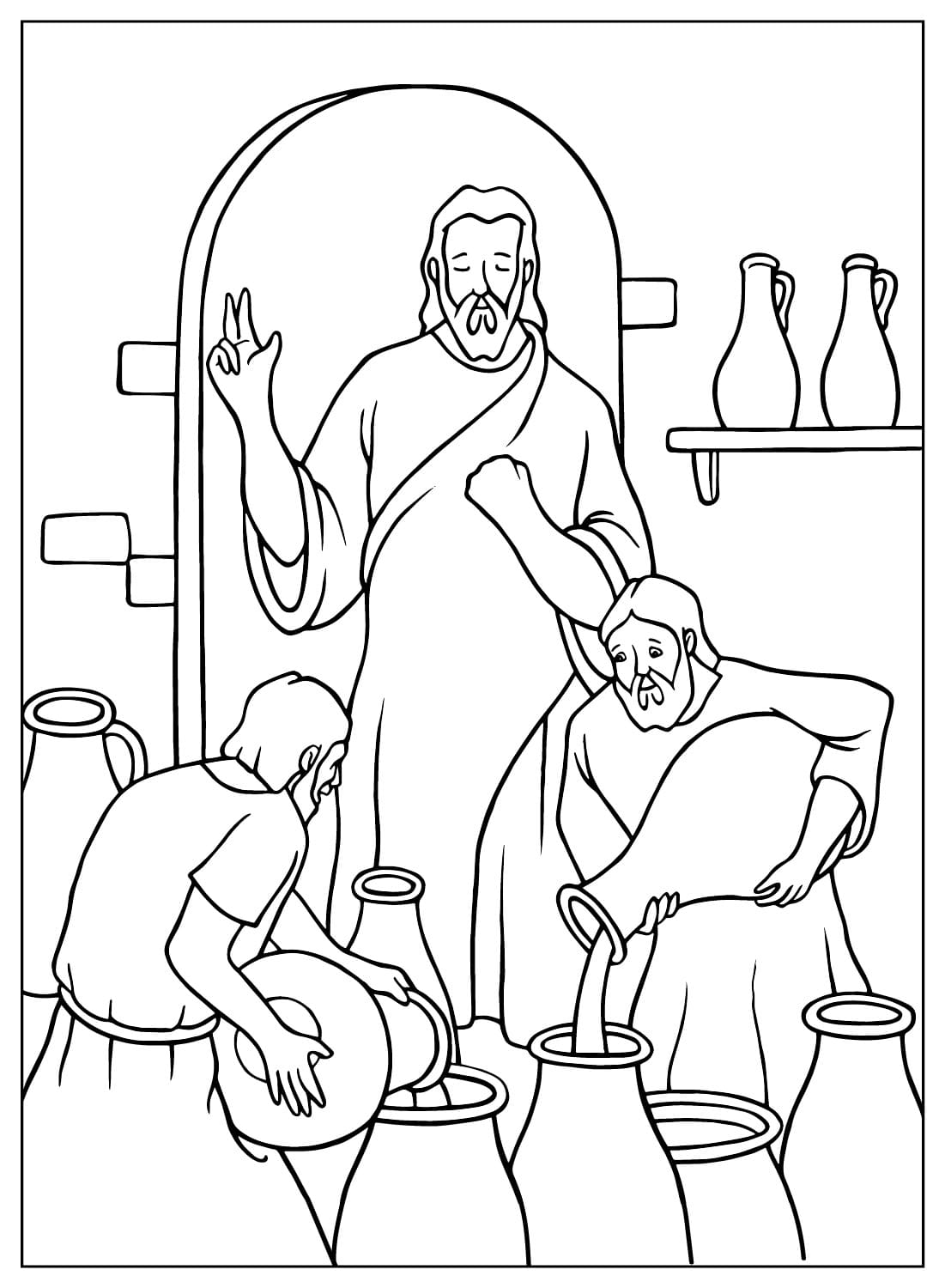 Раскраска Иисус превращает воду в вино
