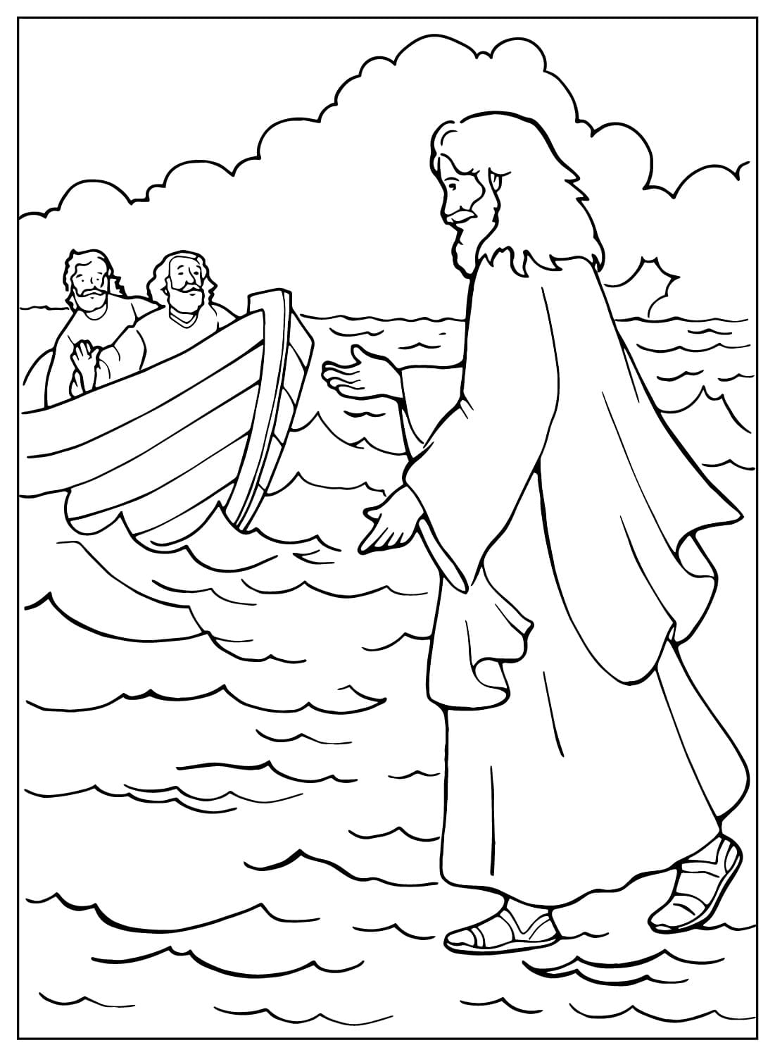 Раскраска Иисус, идущий по морю от Иисуса