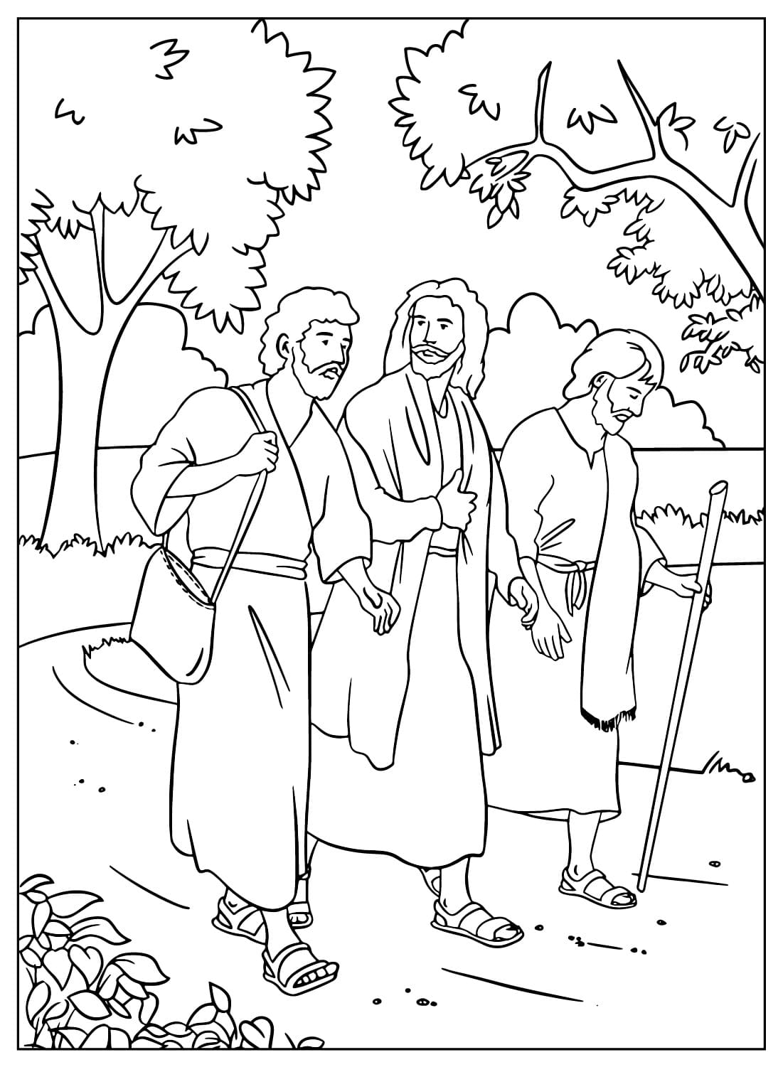 Jesus mit seinen beiden Jüngern auf dem Weg von Jesus nach Emmaus