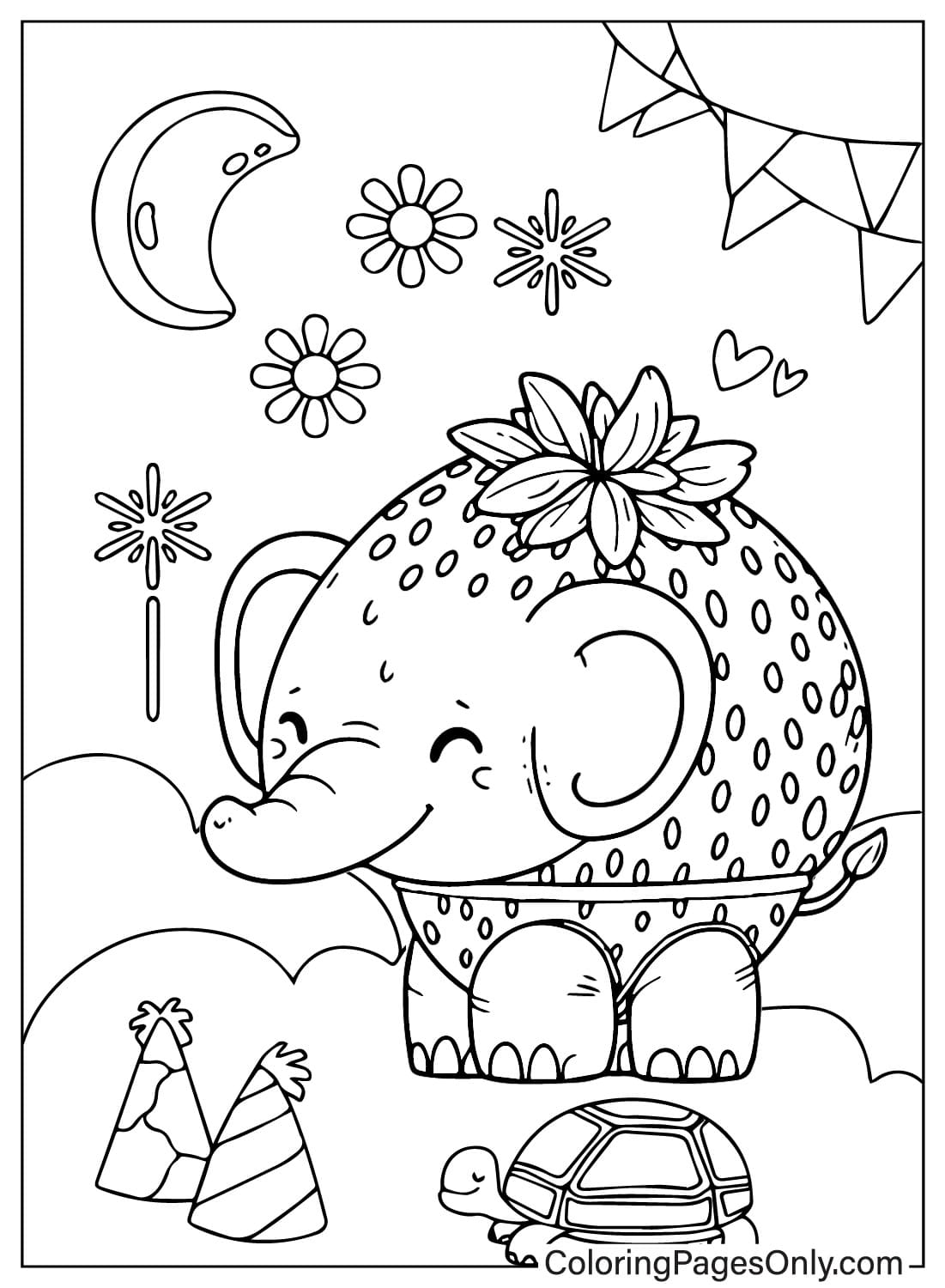 Página para colorear de Elefante de Fresa Kawaii de Elefante de Fresa